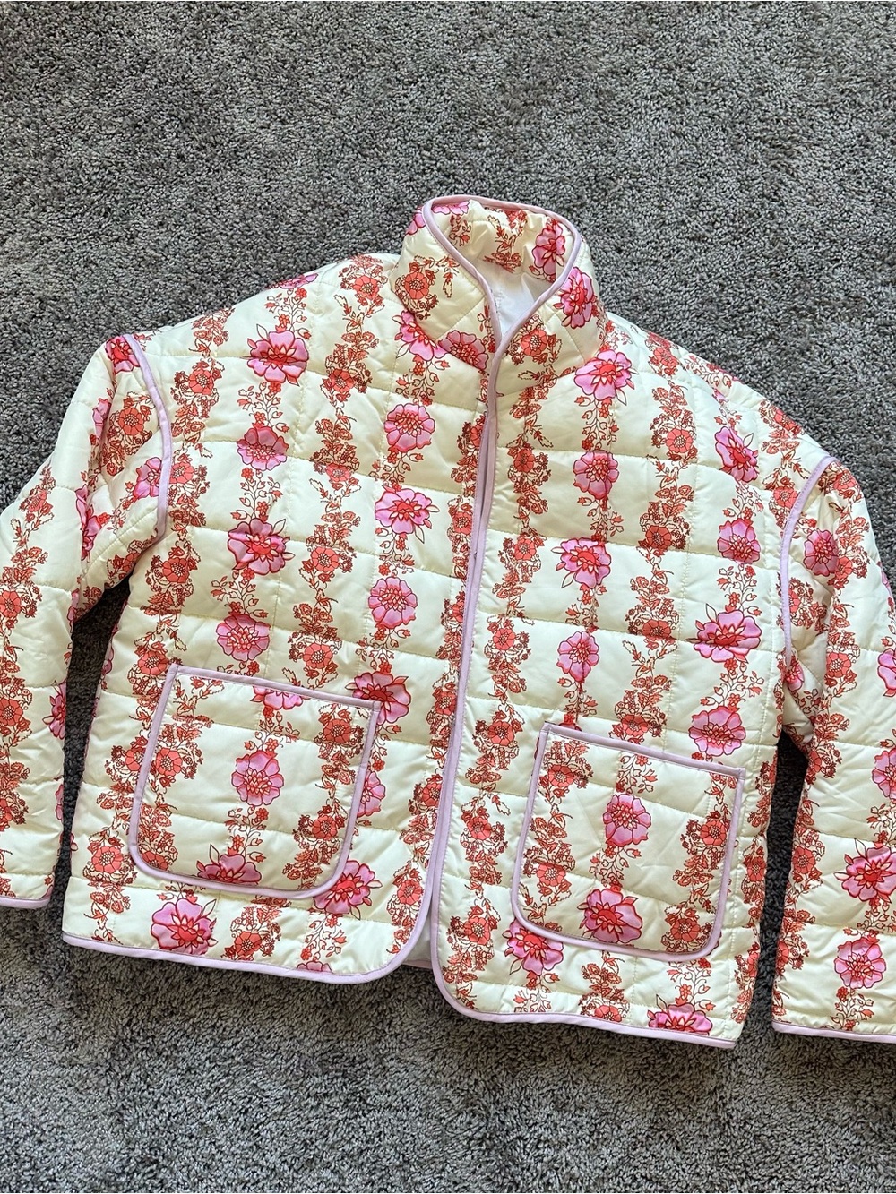 Floral Quilted Puffer Jacket - Cream & Pink